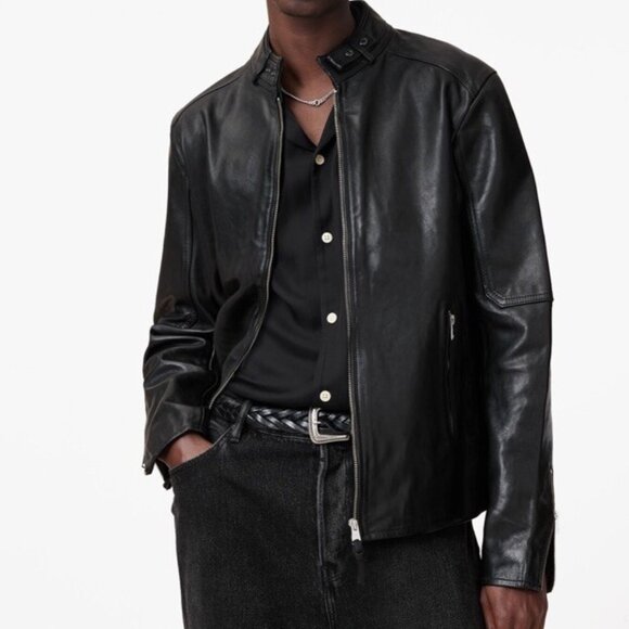 AllSaints Cora Leather Jacket 2XL Men’s Bomber Moto Jet Black Snap Collar NWT - Picture 1 of 15